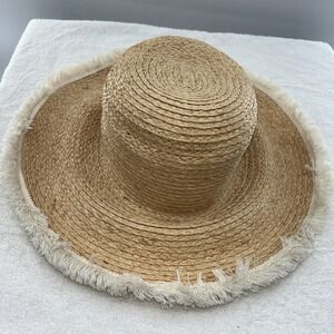 Barneys New York Raffia Straw Hat Wide Brim Frayed Edge Boho Summer Beach